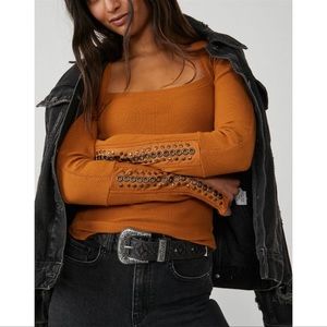 NWOT Free People A Little Unruly Waffle Knit Top in Amber XS
